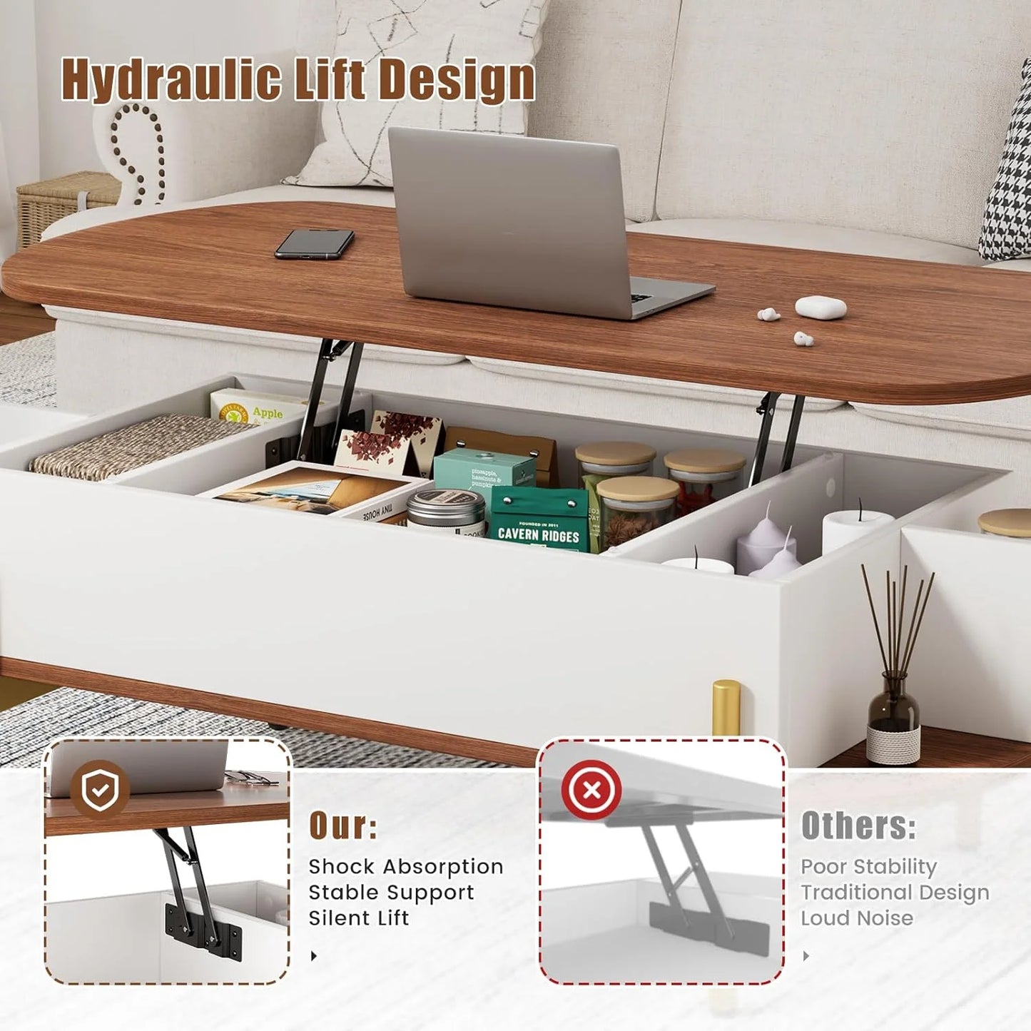 Flycity 48" Oval Lift Top Coffee Table with Storage Metal Legs & Large Hidden Compartment, Coffee Table with Lifting Top with Open Shelf for Living Room, White & Brown