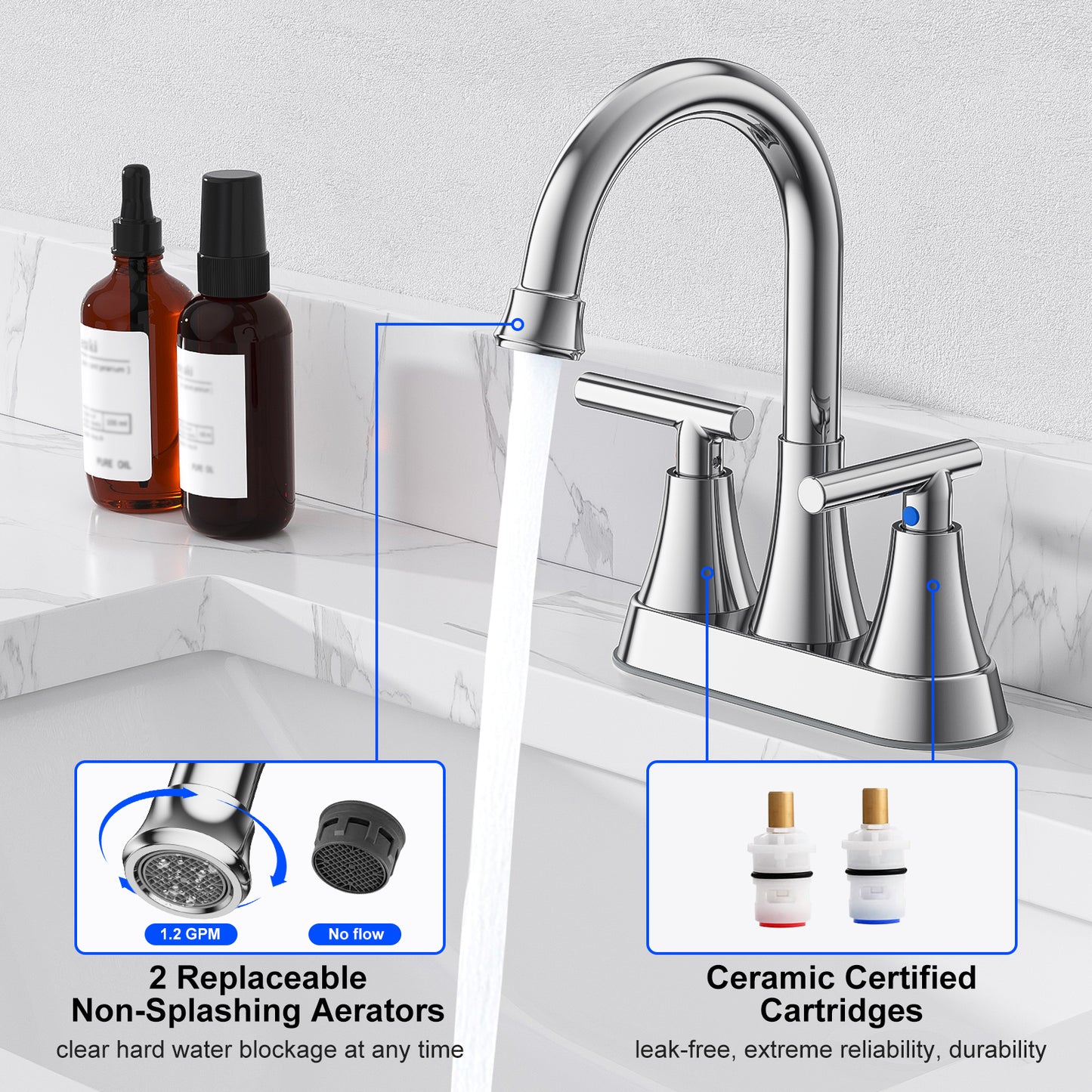 KINGTACK Bathroom Faucet 3 Hole, 4 Inch Chrome Bathroom Sink Faucet, Stainless Steel Lead-Free 2-Handle Centerset Faucet with Pop-up Drain and 2 Supply Hoses, 2 Pack
