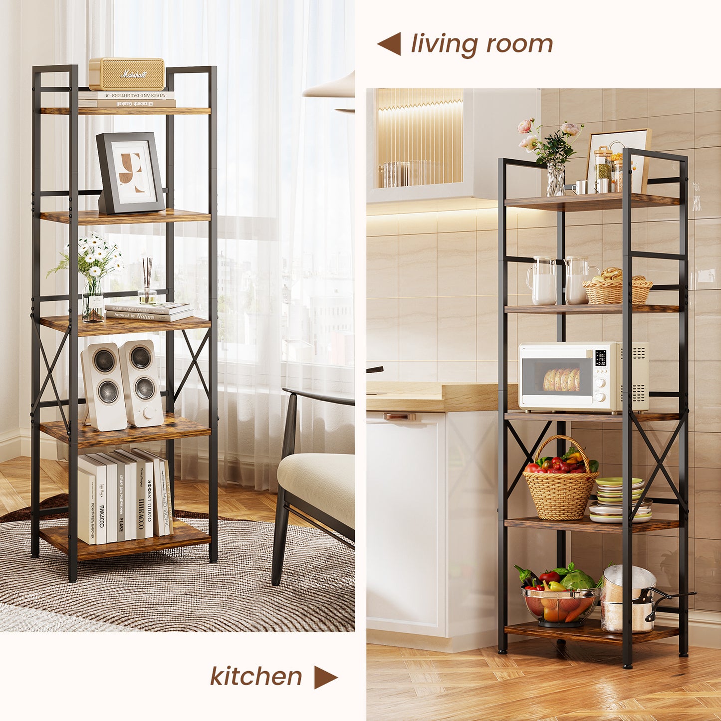 Flycity 5 Tier Bookshelf, Modern Bookcase with Open Compartments, Free Standing Storage Shelves Organizer for Home Office, Bedroom, Living Room, Rustic Brown