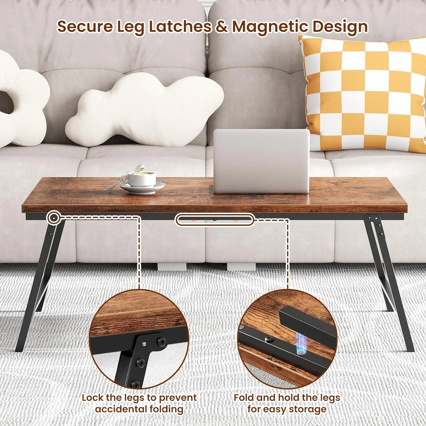 Flycity No Assembly Folding Coffee Table, Leg Latches Portable Sturdy Floor Table Desk for Sitting on The Floor, Low Coffee Table for Living Room, Home, Office, Rustic Brown, 41.34"×21.65"×15.75"