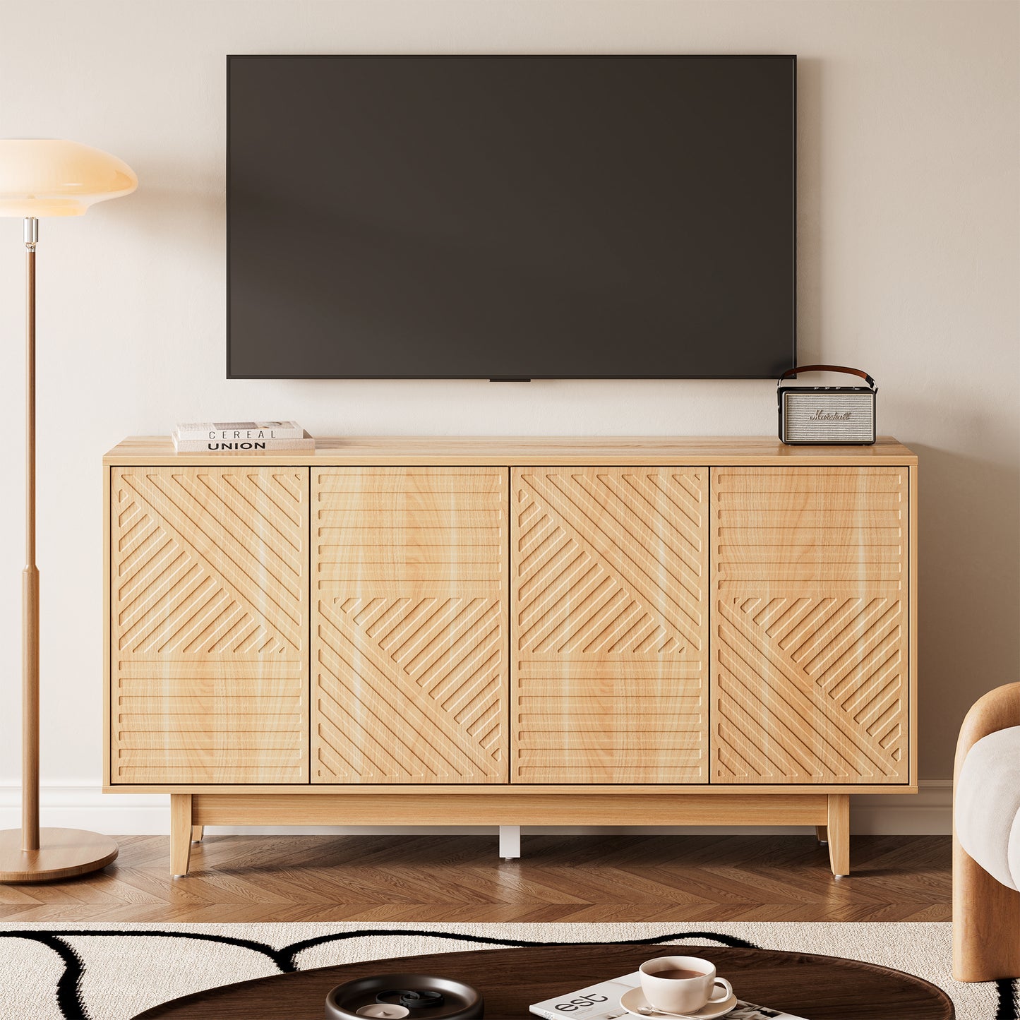 Flycity Sideboard Buffet Cabinet with Storage, 60" Modern Storage Cabinet with 4 Doors & Adjustable Shelves, Wood Console Table Accent Cabinet with Geometric Pattern for Kitchen, Living Room, Hallway