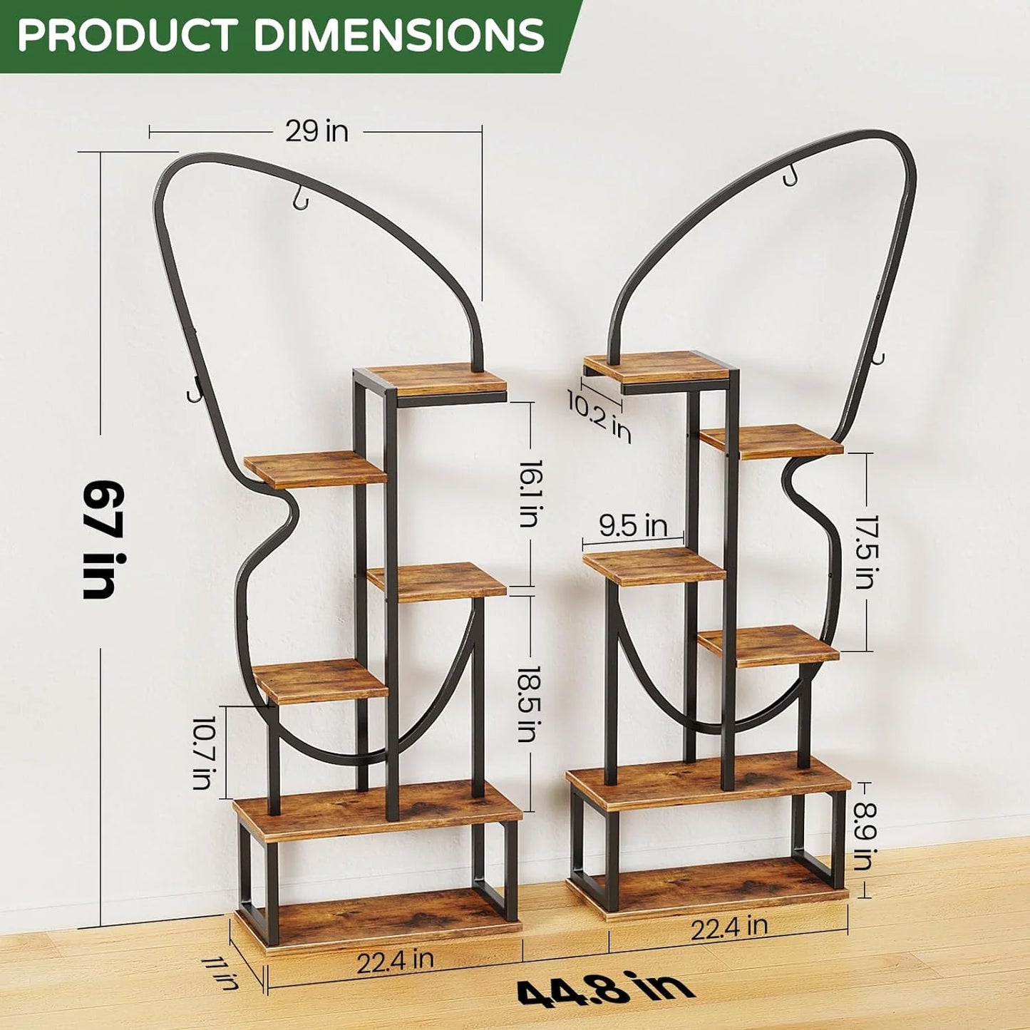 Flycity 6 Tier Metal Plant Stand Indoor Butterfly-Shaped with 6 Hooks & 12 Boards, Large Ladder Plant Shelf with Adjustable Feet for Living Room, Balcony, Garden, Art Studio, 2 Packs