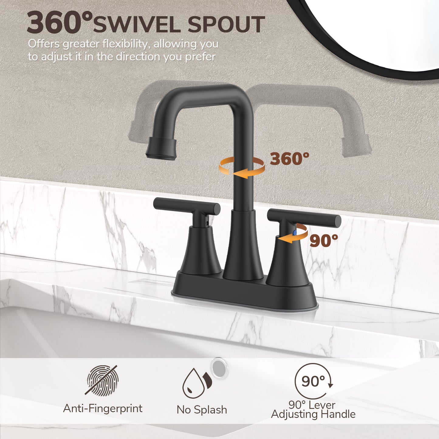 KINGTACK Bathroom Sink Faucet, 4 inch Matte Black Bathroom Faucets with Pop-up Drain and Supply Lines, Stainless Steel 2-Handle Centerset Faucet for Bathroom Faucet 3 Hole