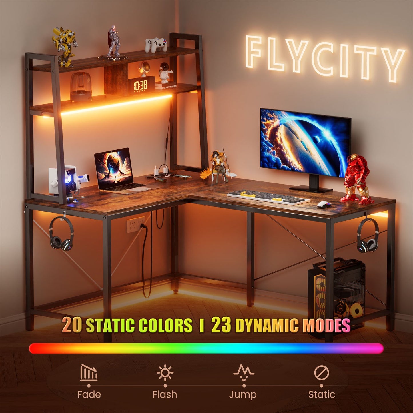 Flycity 93.3 inch L Shaped Gaming Desk with Hutch, LED Lights & Power Outlets, Ergonomic L-Shaped Gaming Desk with Storage Shelves for Home Office, Brown