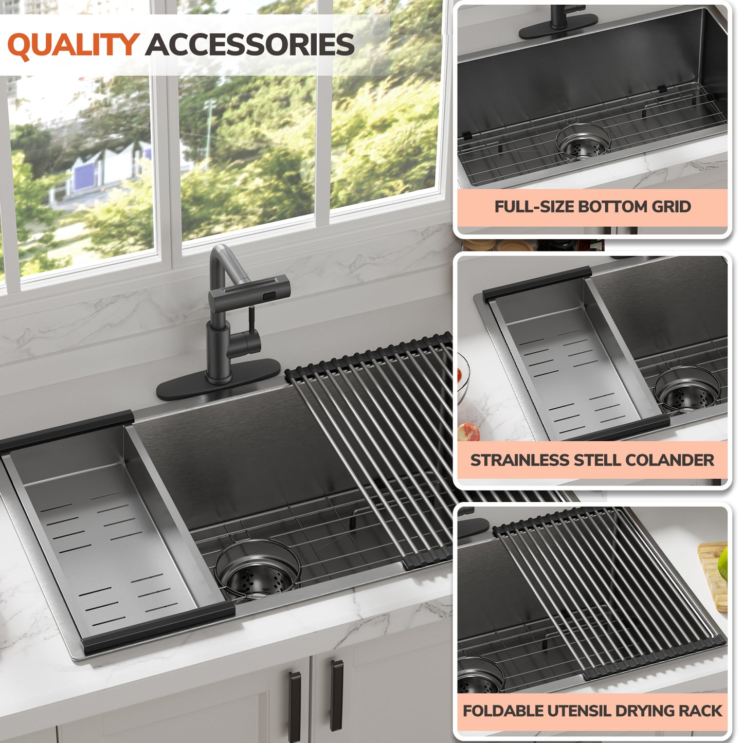 KINGTACK Kitchen Sink, 304 Stainless Steel Drop in Sinks, 30 inch Deep Workstation Sink Basin with 5 Sink Accessories