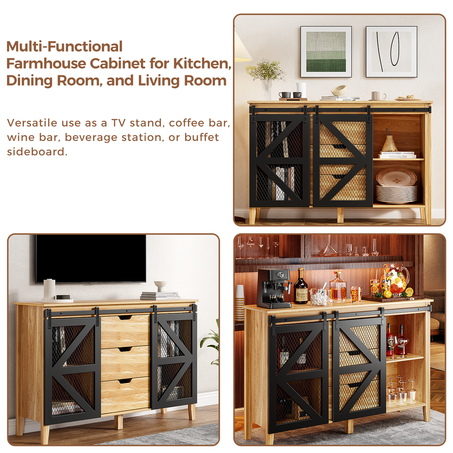 Flycity Sideboard Buffet Cabinet with Sliding Barn Doors and 3 Drawers, Sideboard with Storage, 47" Wood Farmhouse Accent Cabinet for Kitchen, Dining Room, Hallway, Living Room