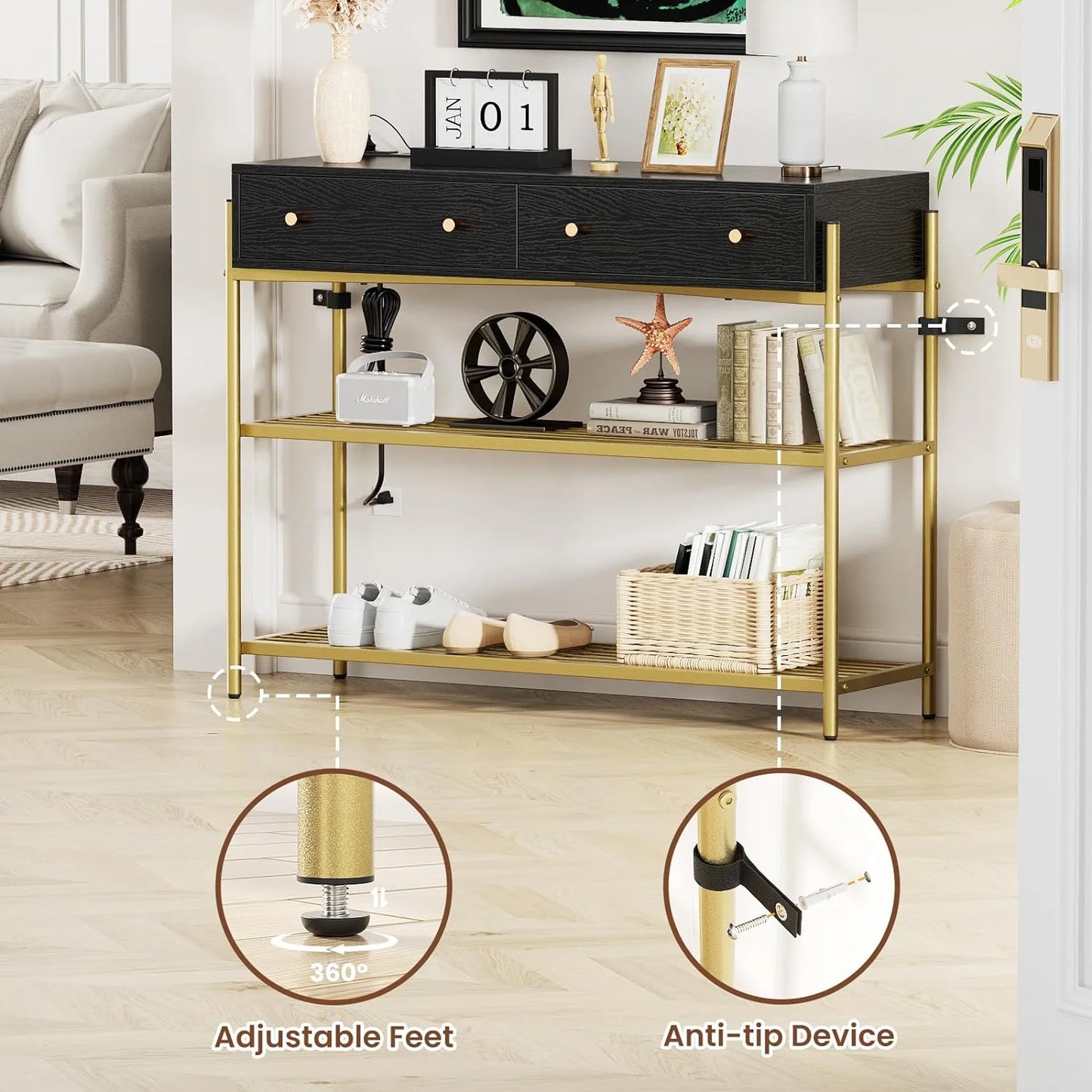 Flycity Metal Frame Console Tables for Entryway with 2 Drawers & Charging Station(with 2 Outlet and 2 USB Ports), 39'' Long Sofa Console Table with 3 Tier Storage Shelves for Living Room, Hallway