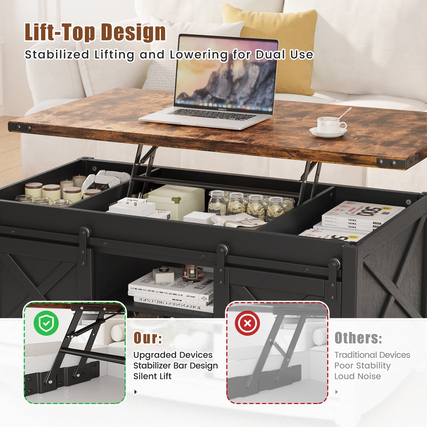 Flycity 48" Farmhouse Lift Top Coffee Table with Storage Sliding Barn Door, Lifting Tabletop Rustic Center Table with Large Hidden Compartment for Living Room, White & Brown