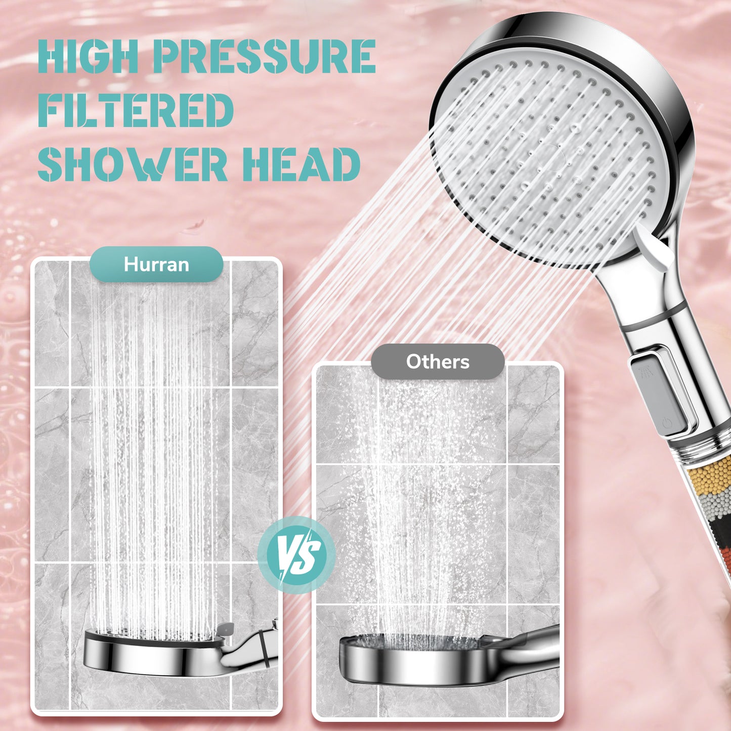 KINGTACK Shower Head with Handheld, 5 Spray Mode High Pressure Handheld Shower Heads, Remove Chlorine - Reduces Dry Itchy Skin, Chrome
