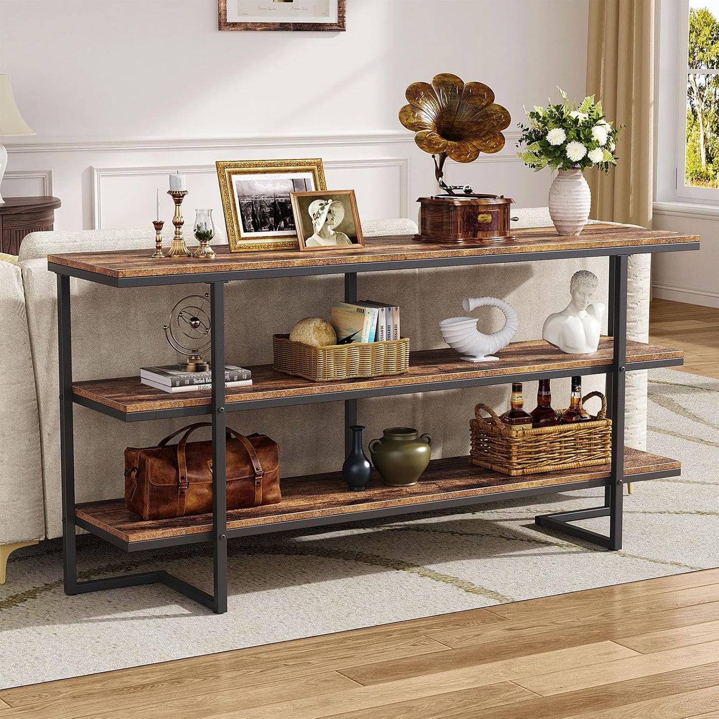 Flycity 55" Console Table with 3 Tier Storage Shelves, Industrial Entryway Sofa Table for Living Room, Hallway, Foyer, Dining Room, Bedroom