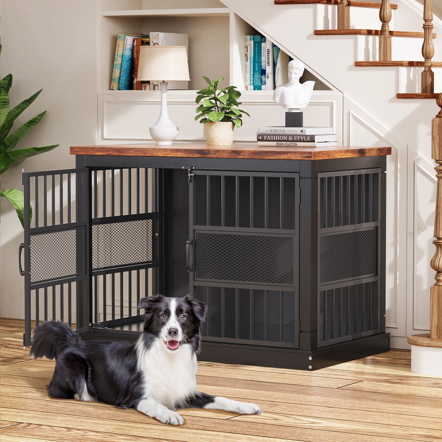 Flycity 40'' Modern Dog Crate Furniture with Double Door, Heavy Duty Dog Crate for Medium Large Dogs, Wooden Cage Kennel Furniture Indoor, Chew Resistant End Table for Living Room, Black