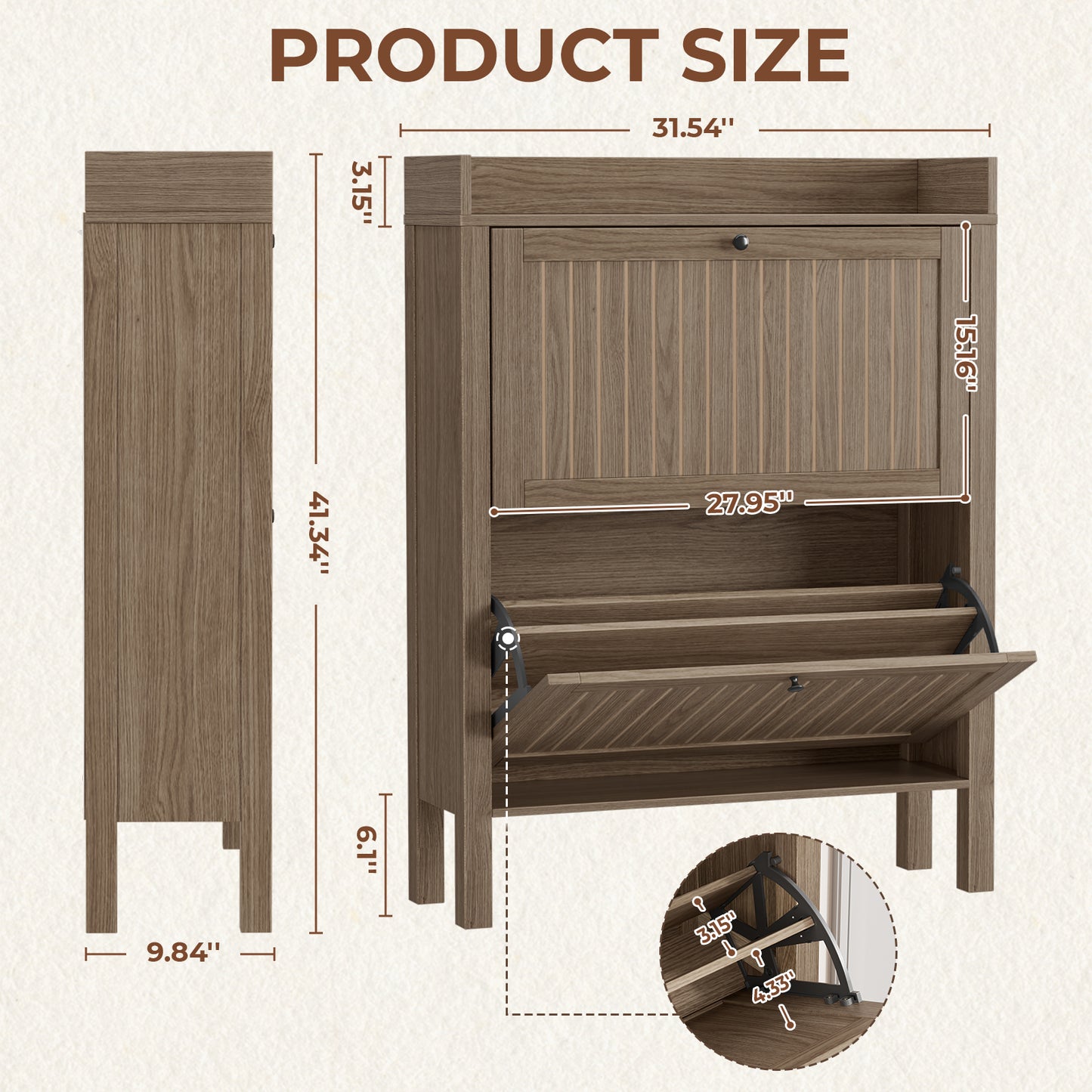Flycity Shoe Storage Cabinet with 2 Flip Drawers, Freestanding Organizer with Open Storage, Narrow Farmhouse Shoe Rack with Legs for Entryway, Light walnut