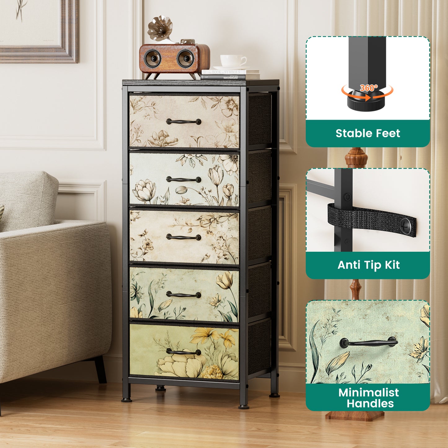Flycity Vertical Dresser for Bedroom, Wood Top Tall Storage Tower with 5 Fabric Drawers, Chest of Drawers for Living Room, Dorm, Entryway, Nightstand Bedside Table