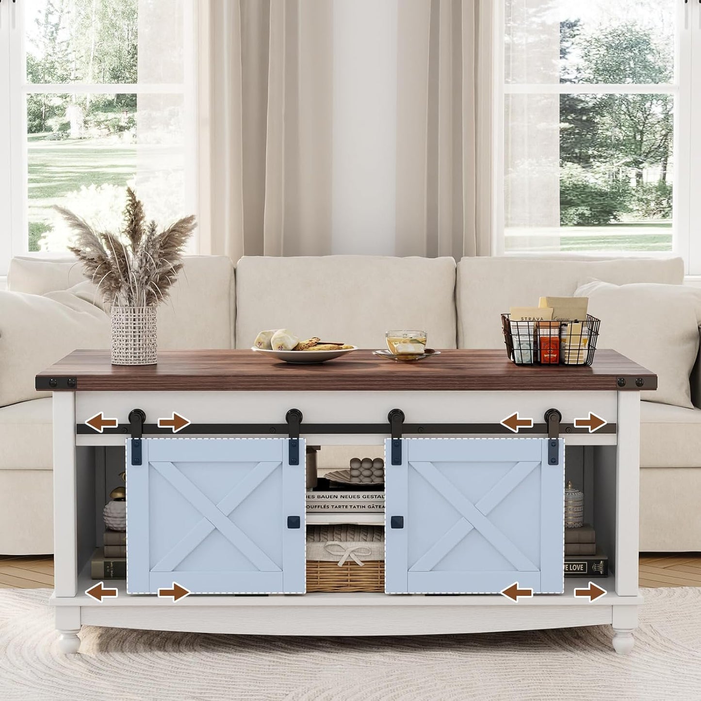 Flycity 48" Farmhouse Lift Top Coffee Table with Storage Sliding Barn Door, Lifting Tabletop Rustic Center Table with Large Hidden Compartment for Living Room, White & Brown