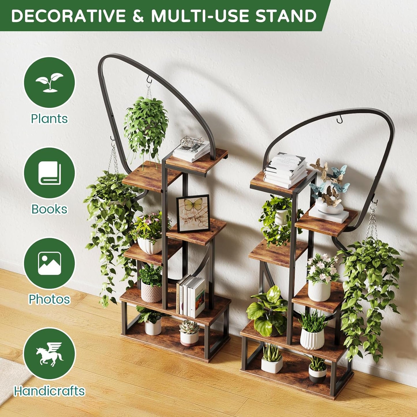Flycity 6 Tier Metal Plant Stand Indoor Butterfly-Shaped with 6 Hooks & 12 Boards, Large Ladder Plant Shelf with Adjustable Feet for Living Room, Balcony, Garden, Art Studio, 2 Packs