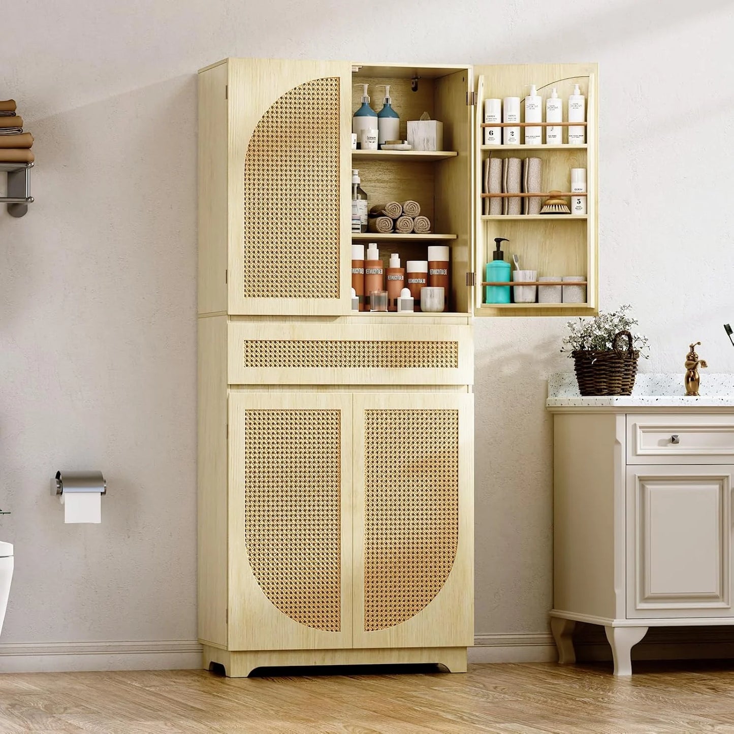 Flycity 72" Tall Kitchen Pantry, Rattan Pantry Cabinet, Storage Cabinet with Doors and Shelves for Kitchen Dining Living Room, 72" H x 15.8" W x 30" D