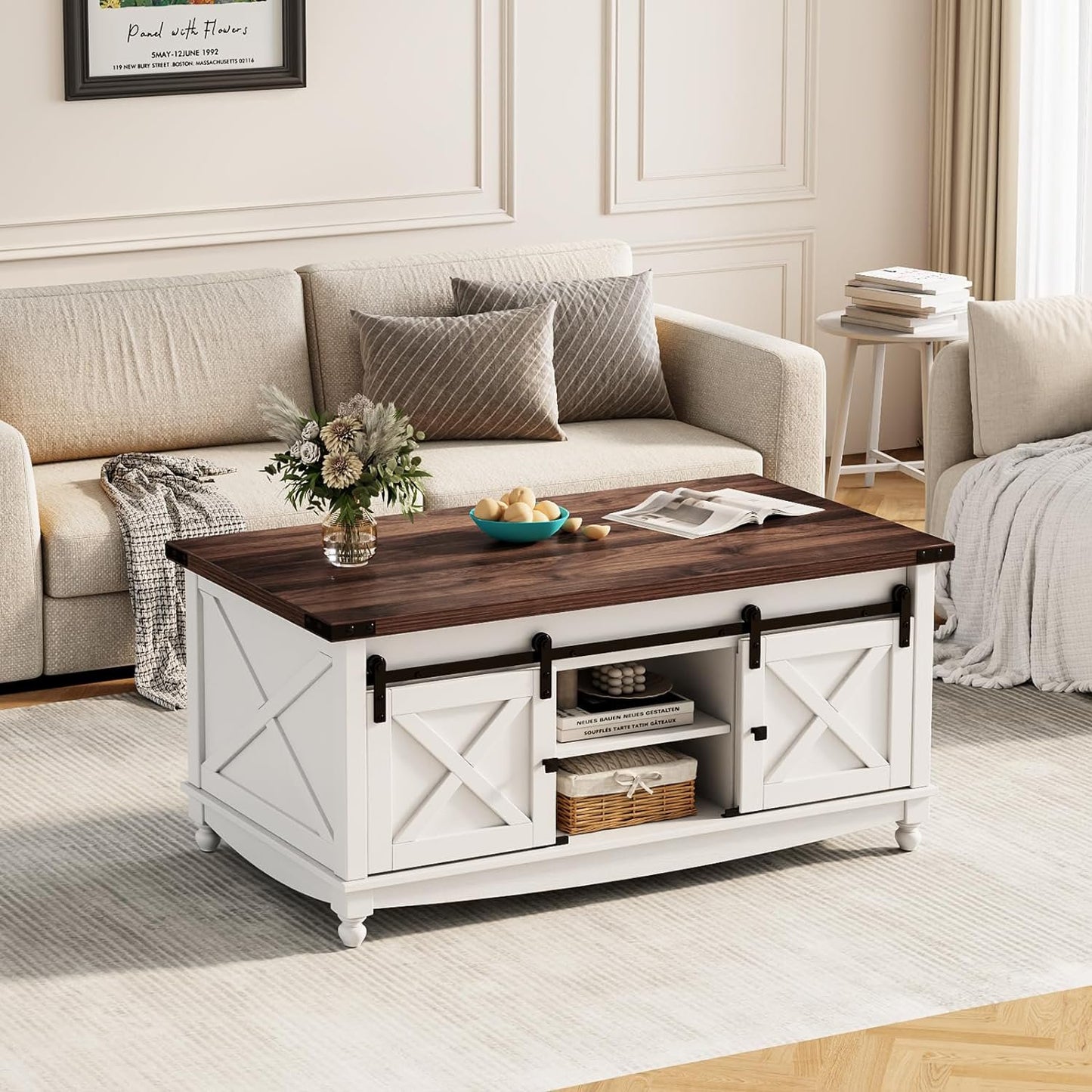 Flycity 48" Farmhouse Lift Top Coffee Table with Storage Sliding Barn Door, Lifting Tabletop Rustic Center Table with Large Hidden Compartment for Living Room, White & Brown
