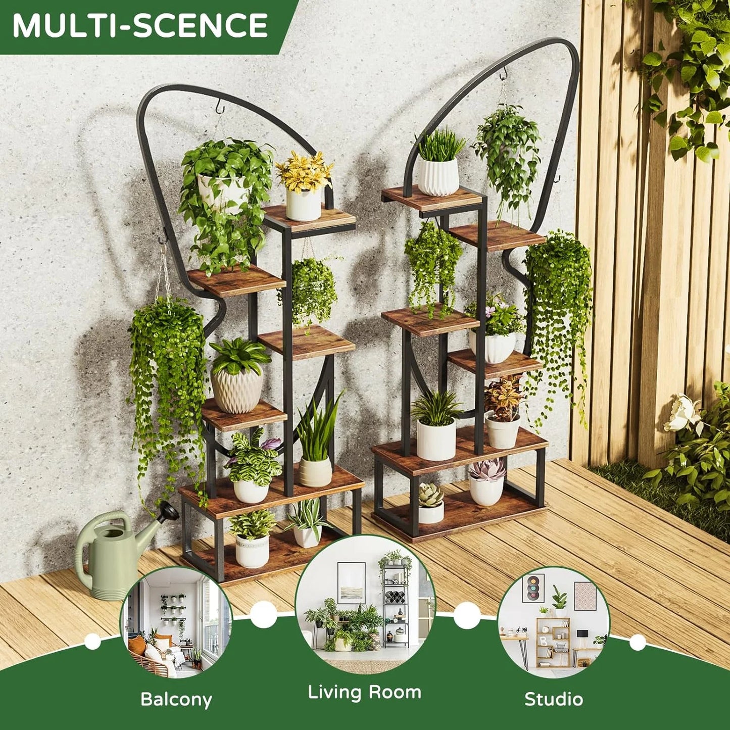 Flycity 6 Tier Metal Plant Stand Indoor Butterfly-Shaped with 6 Hooks & 12 Boards, Large Ladder Plant Shelf with Adjustable Feet for Living Room, Balcony, Garden, Art Studio, 2 Packs
