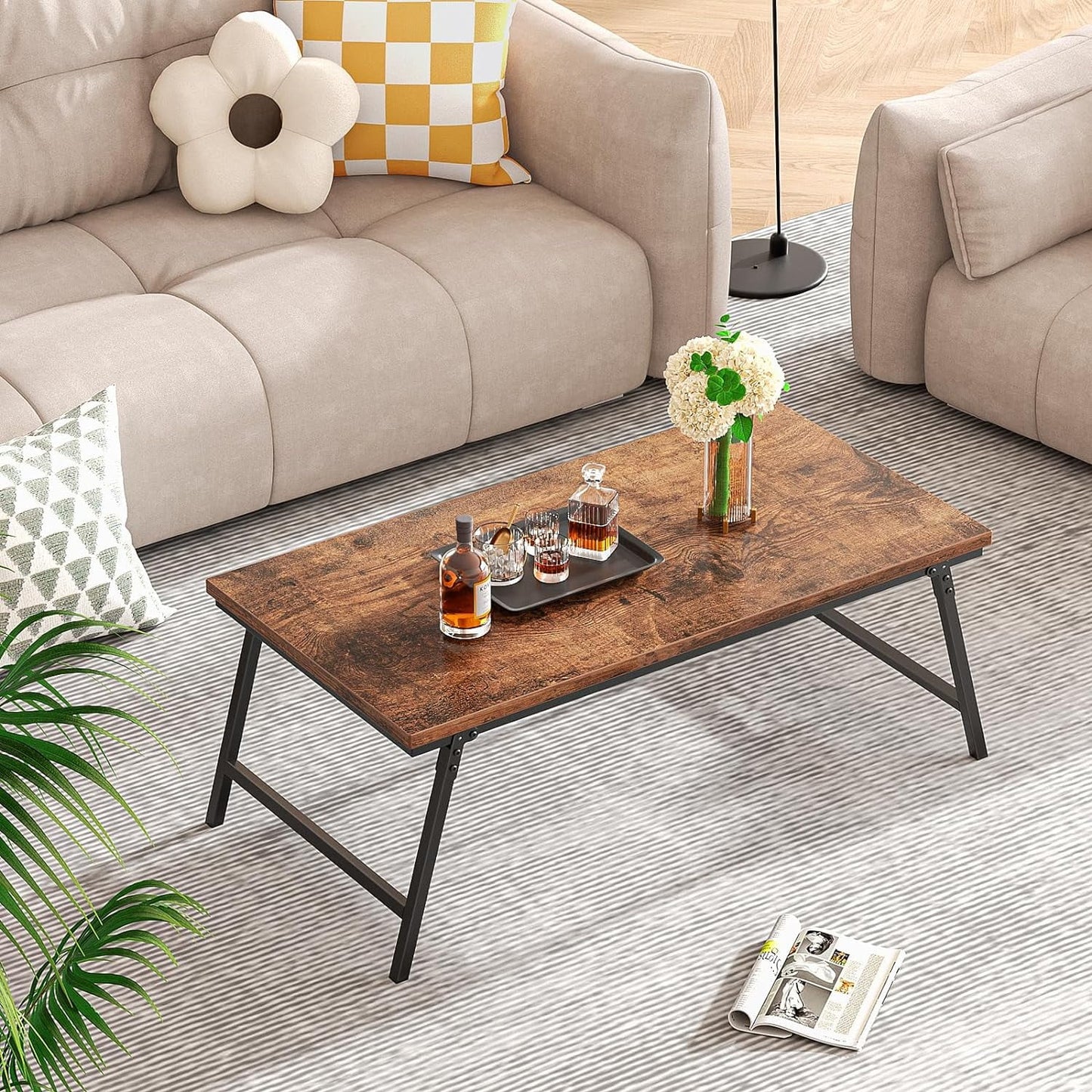 Flycity No Assembly Folding Coffee Table, Leg Latches Portable Sturdy Floor Table Desk for Sitting on The Floor, Low Coffee Table for Living Room, Home, Office, Rustic Brown, 41.34"×21.65"×15.75"
