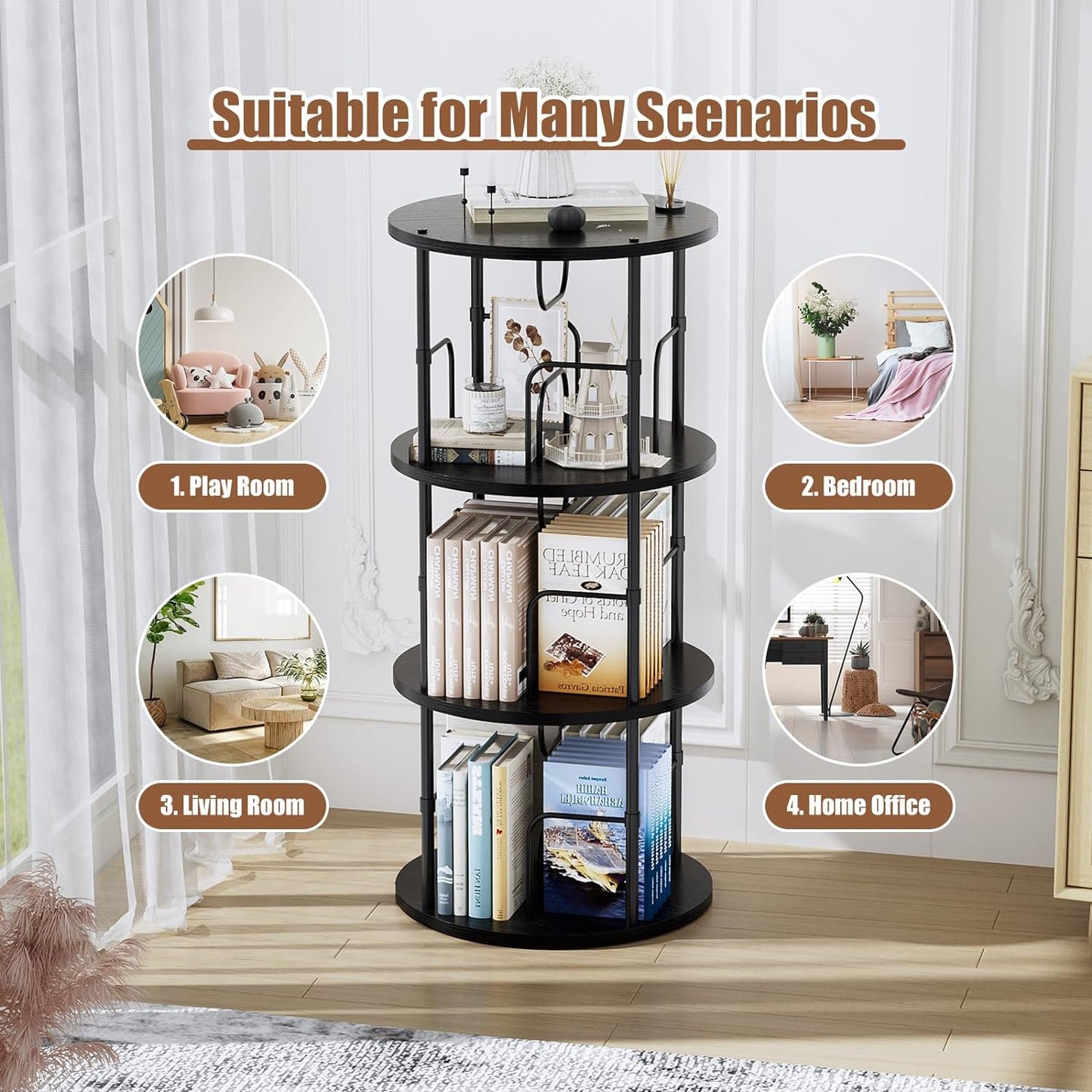 Flycity 3 Tier Rotating Bookshelf, 360° Display Rotating Bookcase Corner Storage Rack with Special Visible Partition Storage, Black
