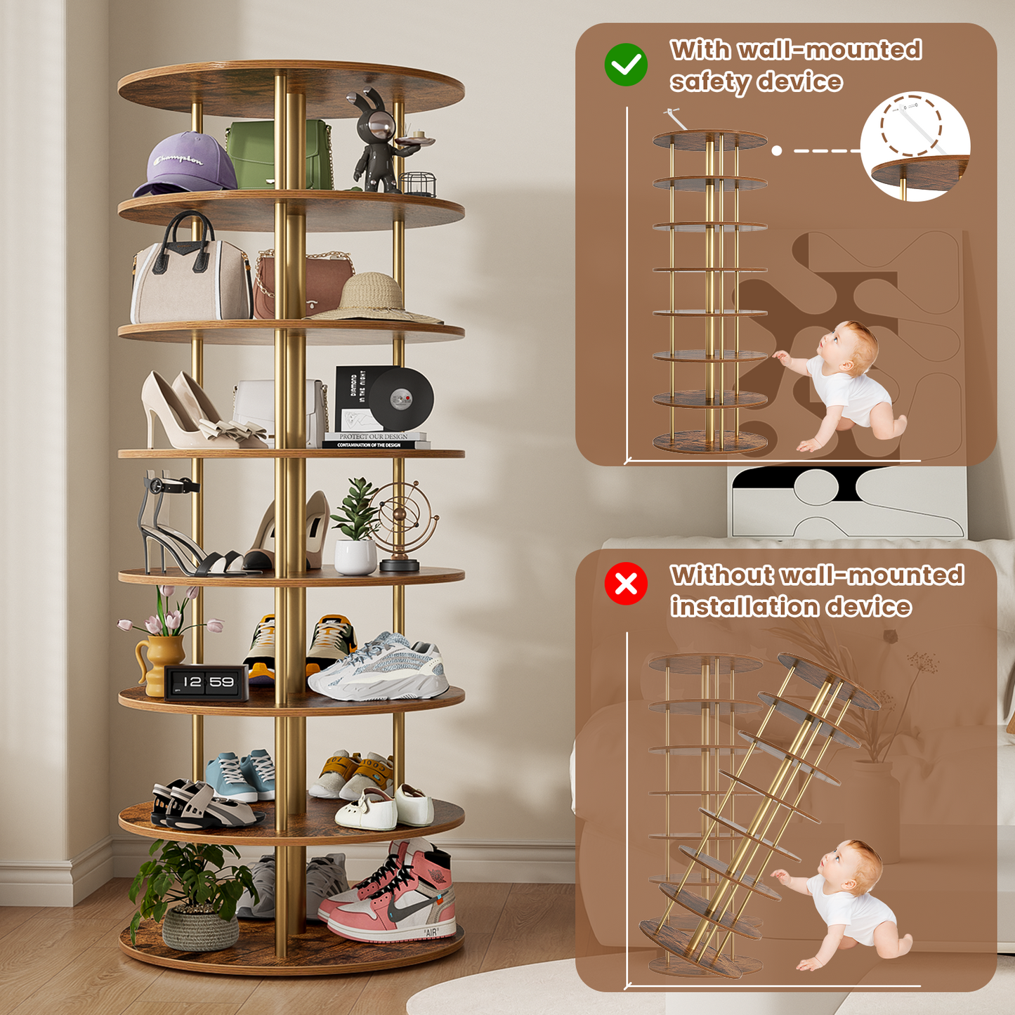 Flycity 7 Tier Rotating Shoe Rack Tower, 360° Spinning Shoe Organizer, Vertical Handbag & Shoe Carousel, Revolving Shoes Closet Storage Rack, Gold