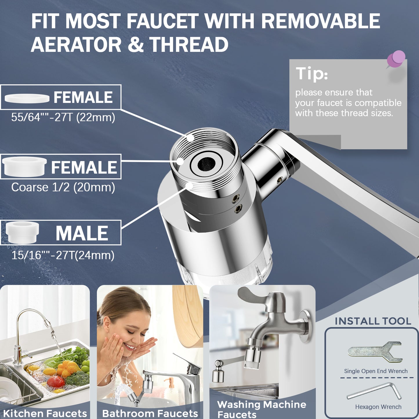 KINGTACK 1080° Swivel Faucet Extender, Sink Water Faucet Aerator Extension, 2 Mode Splash Water Filter Extension, Kitchen Bathroom 360° Rotatable Spray Attachment