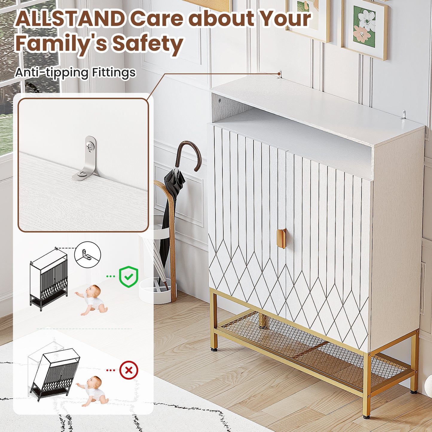 Flycity Modern Shoe Cabinet with Doors, 7-Tier Shoe Rack Organizer Cabinet with Adjustable Shelves & Buffer Hinge, Freestanding Storage with Anti-Tip Fitting for Entryway, Hallway