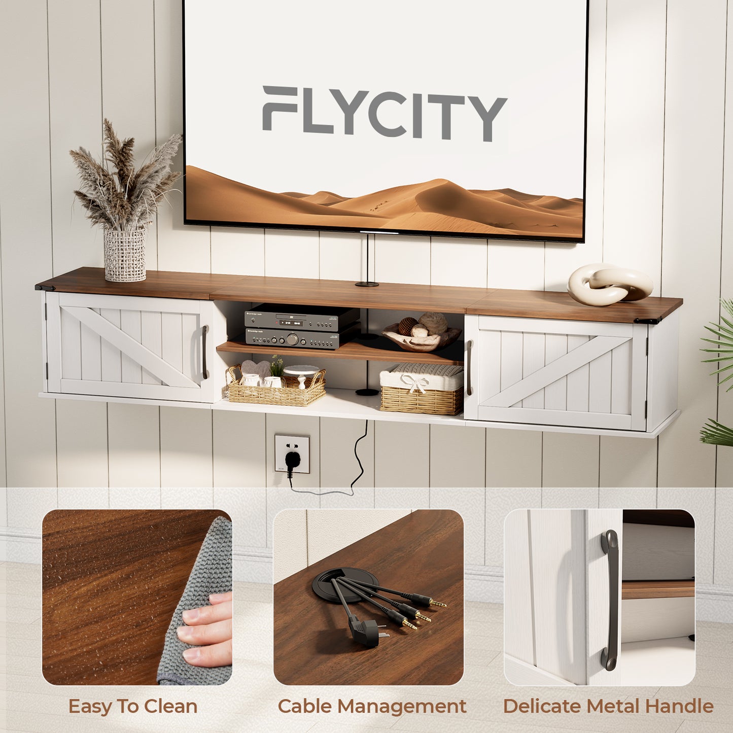 Flycity 63'' Farmhouse Floating TV Stand with Doors, Wall Mounted Entertainment Center for TVs up to 80 Inch, 2-Tier Floating TV Shelf Cabinet for Living Room or Bedroom