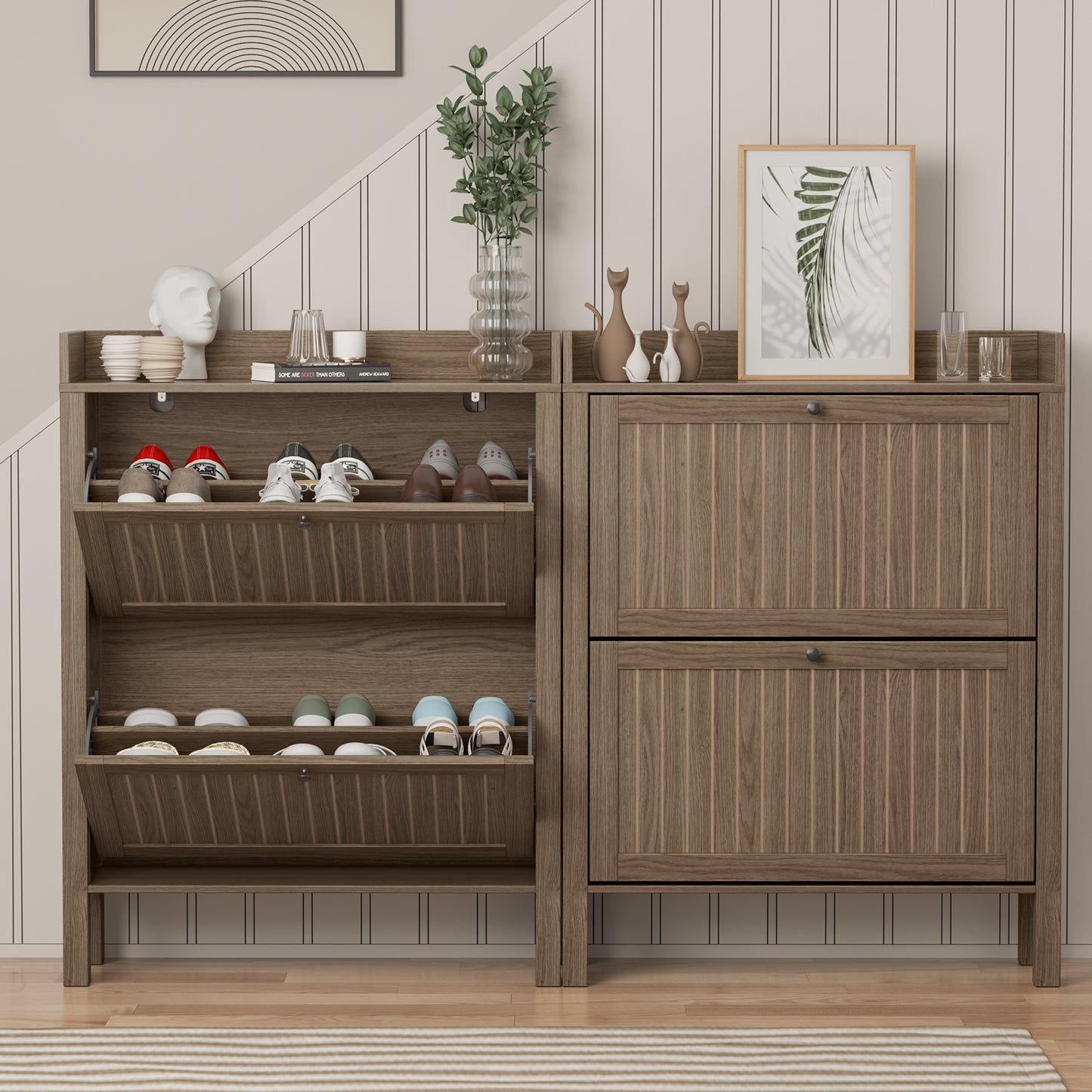 Flycity Shoe Storage Cabinet with 2 Flip Drawers, Freestanding Organizer with Open Storage, Narrow Farmhouse Shoe Rack with Legs for Entryway, Light walnut