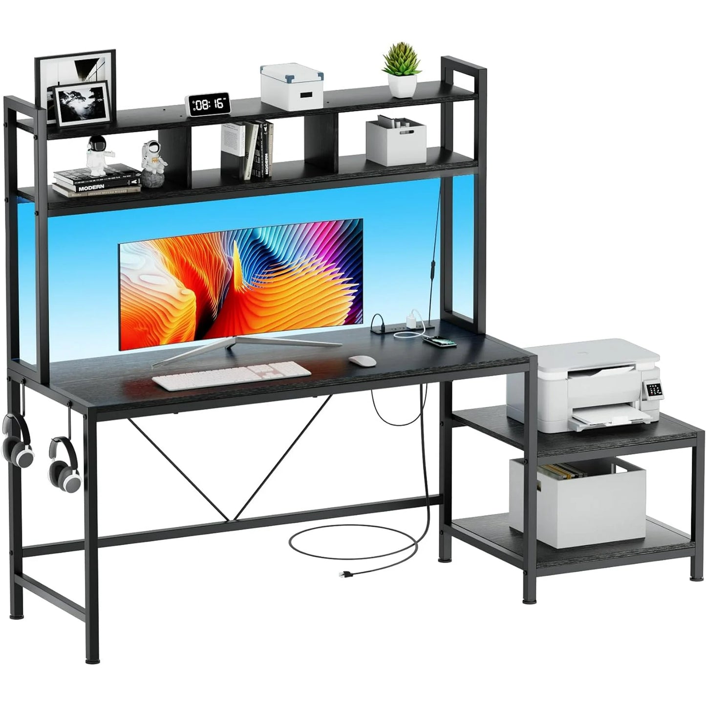 Flycity Computer Desk with Printer Stand & Hutch, 69 Inch Gaming Desk with LED Lights & Power Outlets, Home Office Desk with Storage Shelves & Hooks for Living Room, Small Spaces, Black