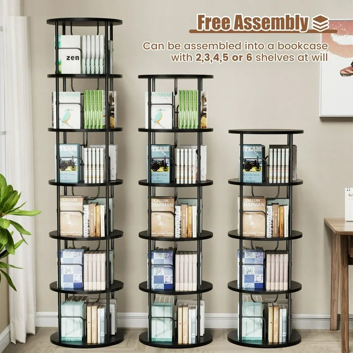 Flycity 6 Tier Rotating Bookshelf, 360° Display Rotating Bookcase Corner Storage Rack with Special Visible Partition Storage, Black