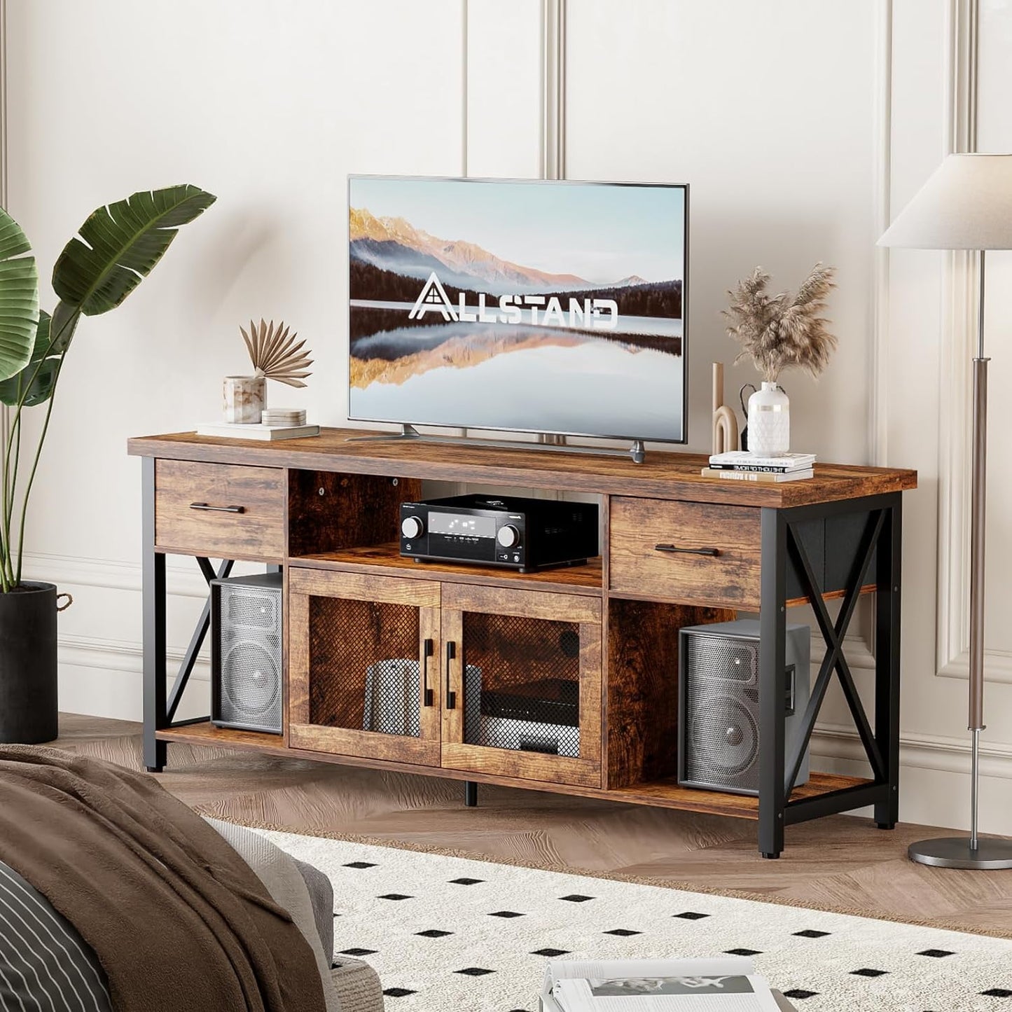 Flycity 55" TV Stand for 55-65" TVs, Industrial Entertainment Center with Storage Cabinets, Fabric Drawers & Soundbar Shelf, Media Console Table for Living Room or Bedroom