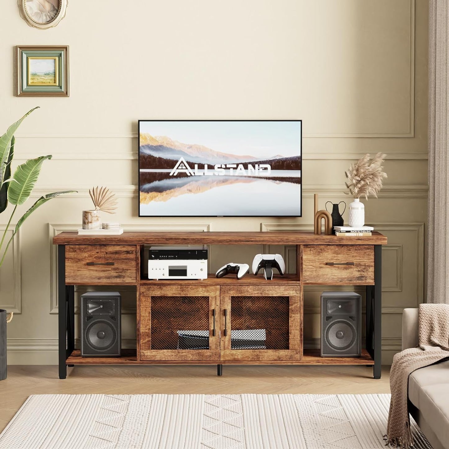 Flycity 55" TV Stand for 55-65" TVs, Industrial Entertainment Center with Storage Cabinets, Fabric Drawers & Soundbar Shelf, Media Console Table for Living Room or Bedroom