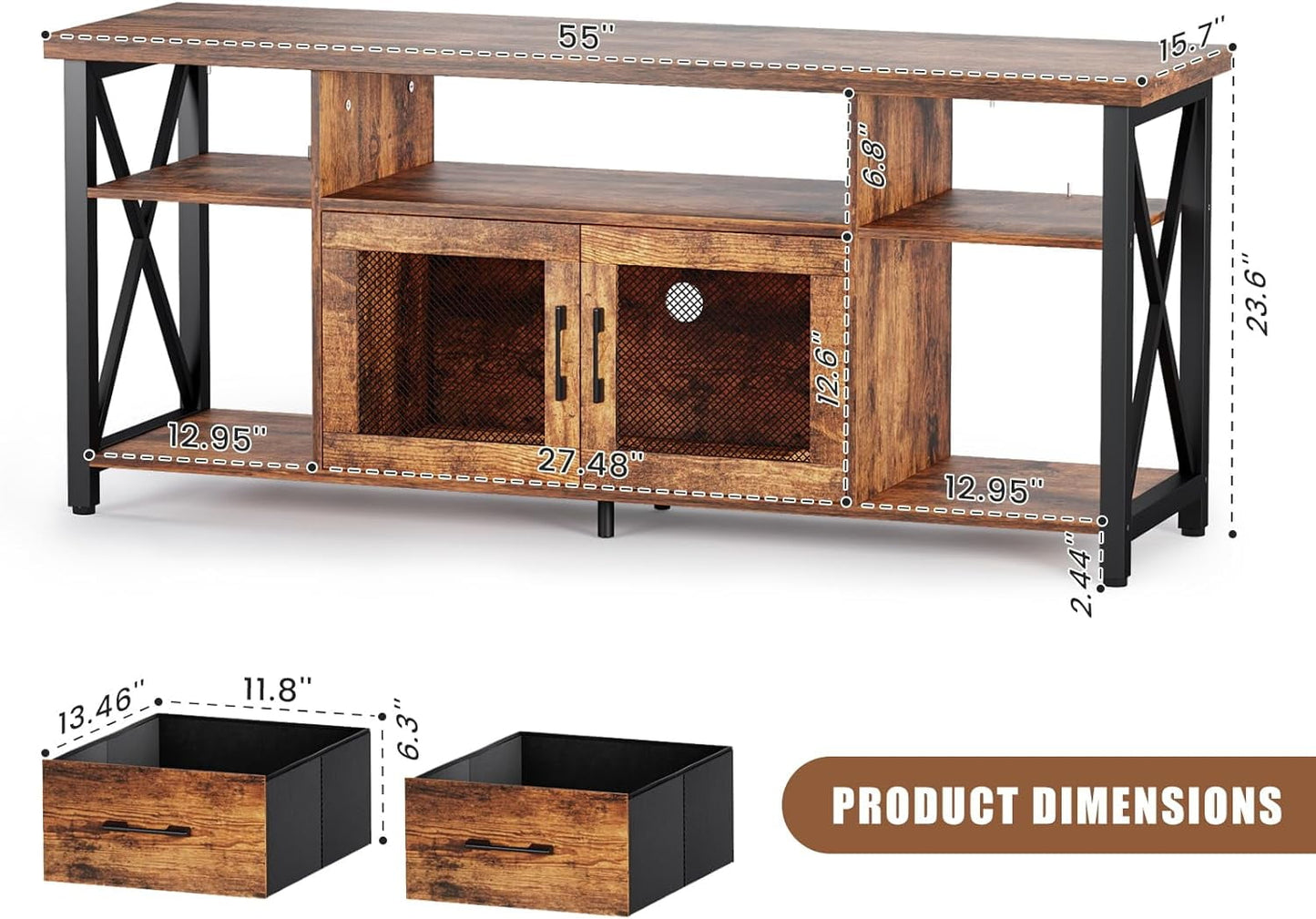 Flycity 55" TV Stand for 55-65" TVs, Industrial Entertainment Center with Storage Cabinets, Fabric Drawers & Soundbar Shelf, Media Console Table for Living Room or Bedroom