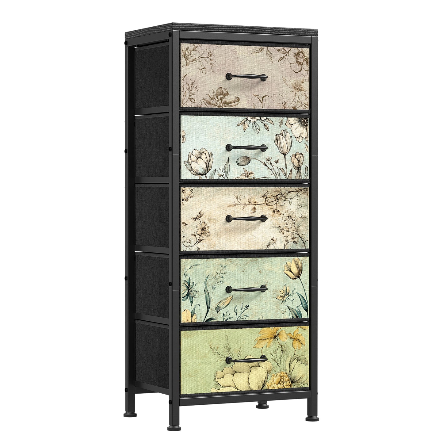 Flycity Vertical Dresser for Bedroom, Wood Top Tall Storage Tower with 5 Fabric Drawers, Chest of Drawers for Living Room, Dorm, Entryway, Nightstand Bedside Table