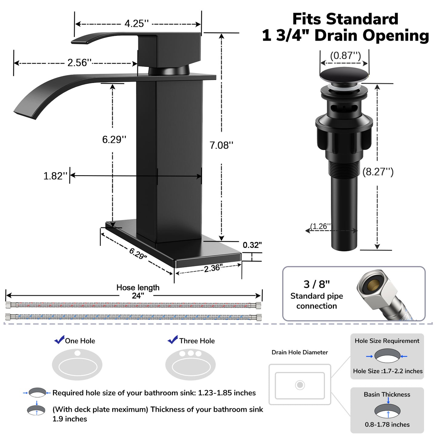 KINGTACK Waterfall Bathroom Faucet, Matte Black Bathroom Faucet for 1 or 3 Hole Bathroom Sink Faucet Mixer Tap Washbasin Faucet with Deck, Pop-up Drain and Supply Hoses