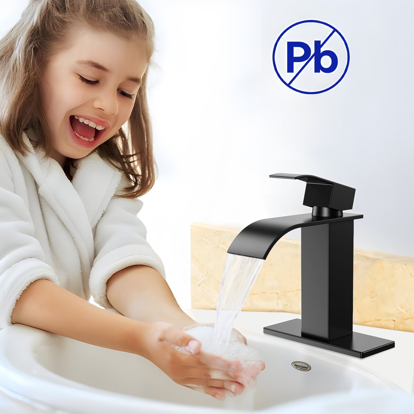 KINGTACK Waterfall Bathroom Faucet, Matte Black Bathroom Faucet for 1 or 3 Hole Bathroom Sink Faucet Mixer Tap Washbasin Faucet with Deck, Pop-up Drain and Supply Hoses