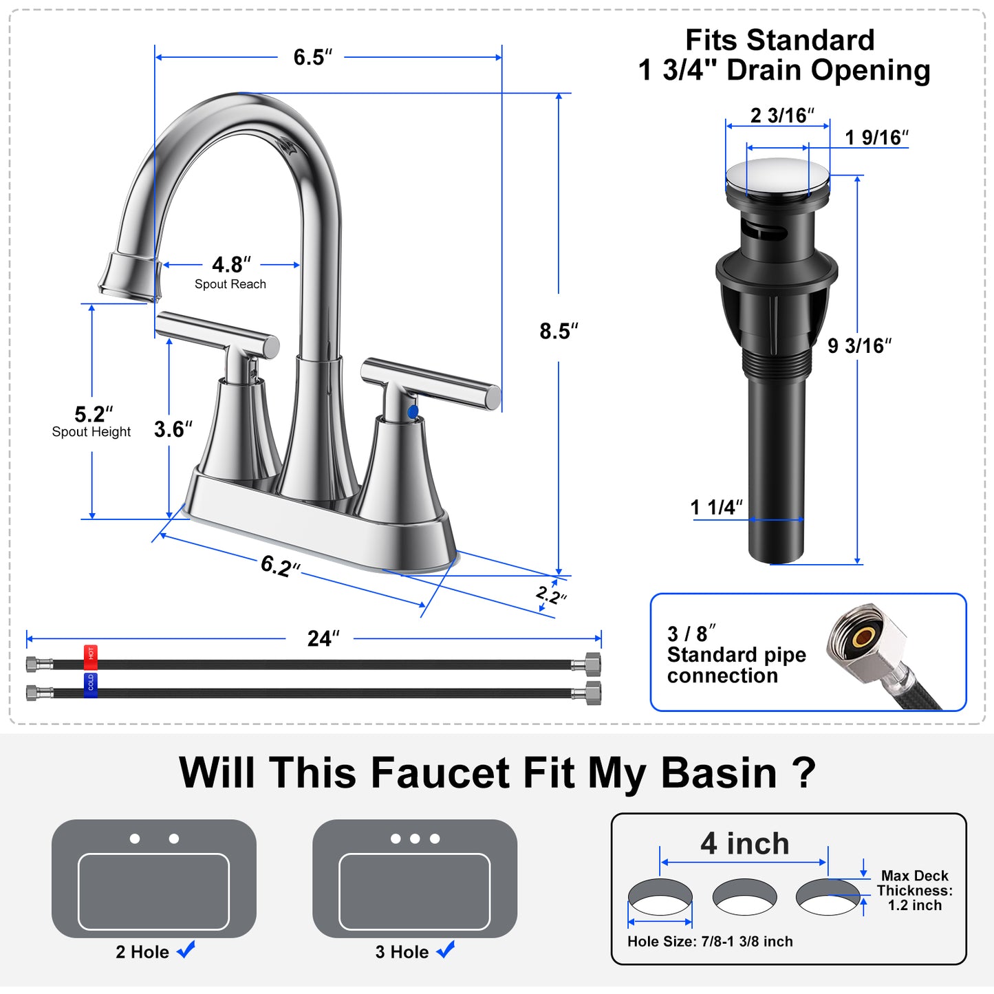 KINGTACK Bathroom Faucet 3 Hole, 4 Inch Chrome Bathroom Sink Faucet, Stainless Steel Lead-Free 2-Handle Centerset Faucet with Pop-up Drain and 2 Supply Hoses, 2 Pack
