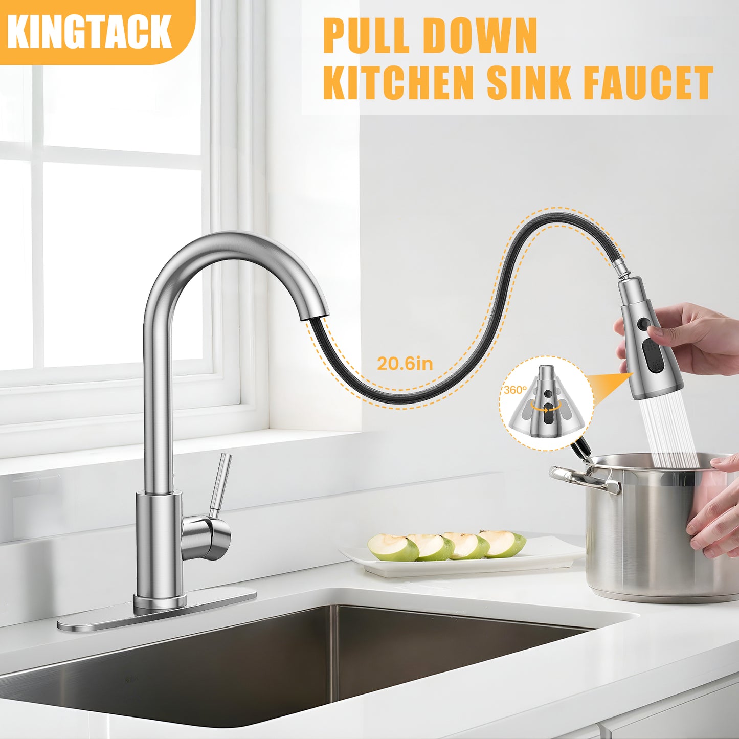 KINGTACK Kitchen Faucet with Pull Down Sprayer, Single Handle High Arc Brushed Nickel Kitchen Sink Faucets with Deck Plate Suit to 1 or 3 Holes