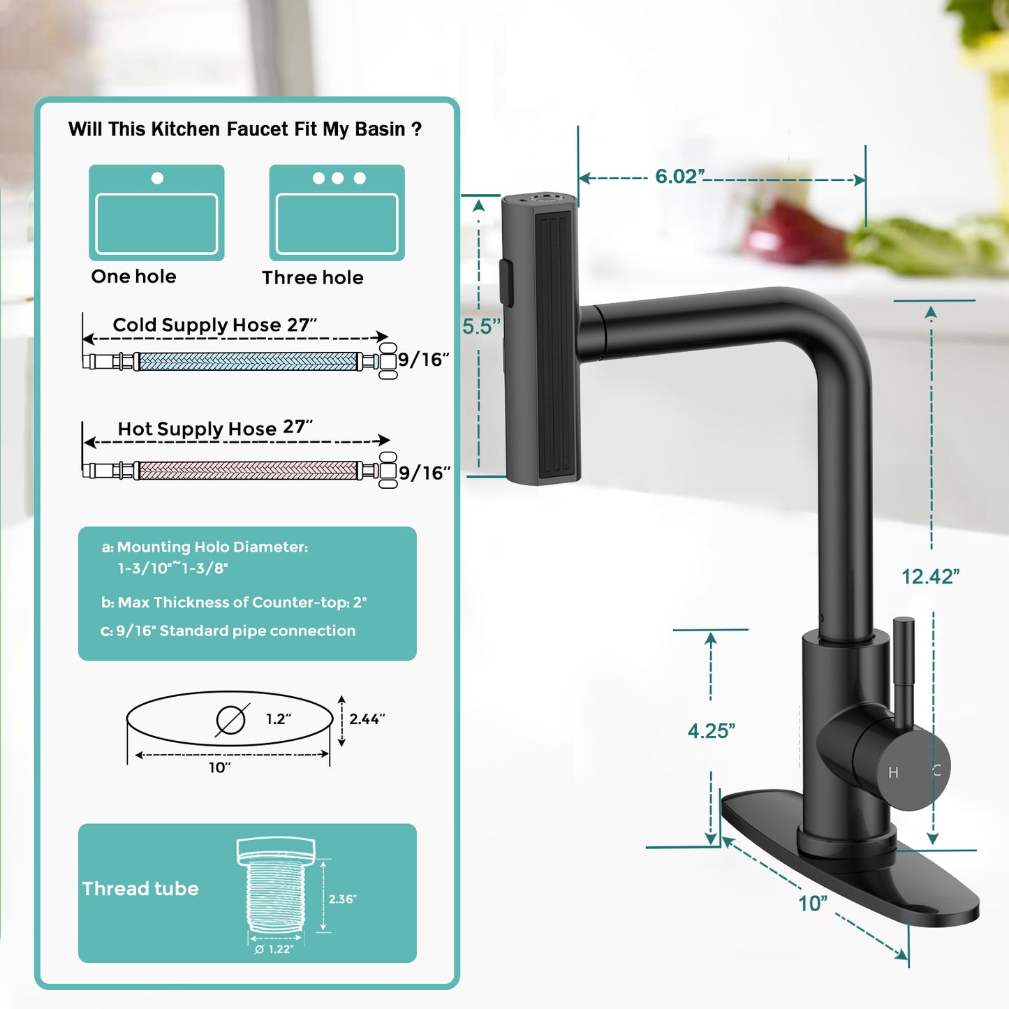 KINGTACK Kitchen Faucet, Matte Black Kitchen Faucet with Pull Down Sprayer for 4 Function, Black