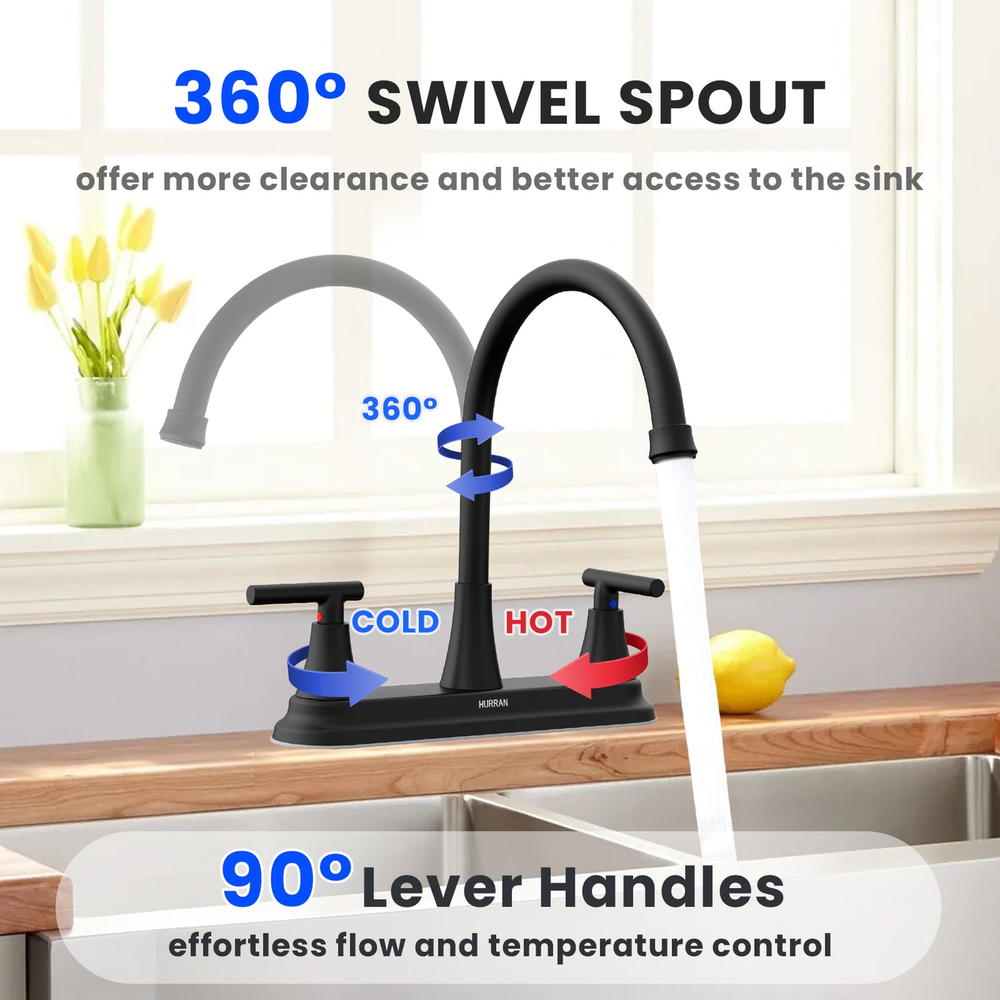 KINGTACK Modern High Arc Kitchen Sink Faucet - Metallic Plating Over ABS Plastic, Matte Black