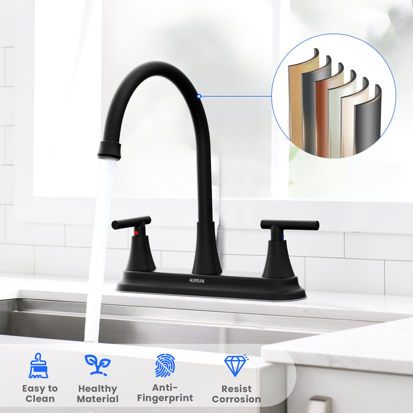 KINGTACK Modern High Arc Kitchen Sink Faucet - Metallic Plating Over ABS Plastic, Matte Black