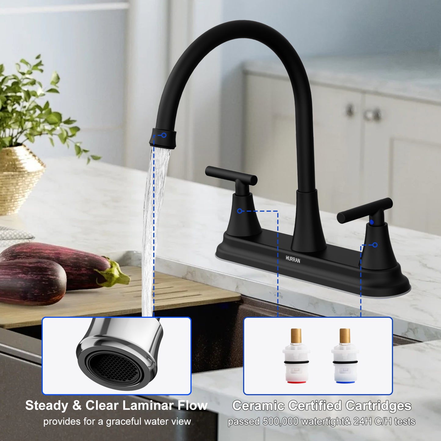 KINGTACK Modern High Arc Kitchen Sink Faucet - Metallic Plating Over ABS Plastic, Matte Black