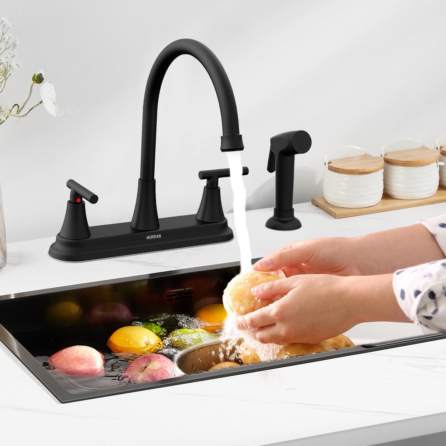 KINGTACK Modern High Arc Kitchen Sink Faucet with Side Sprayer - Metallic Plating Over ABS Plastic, Matte Black