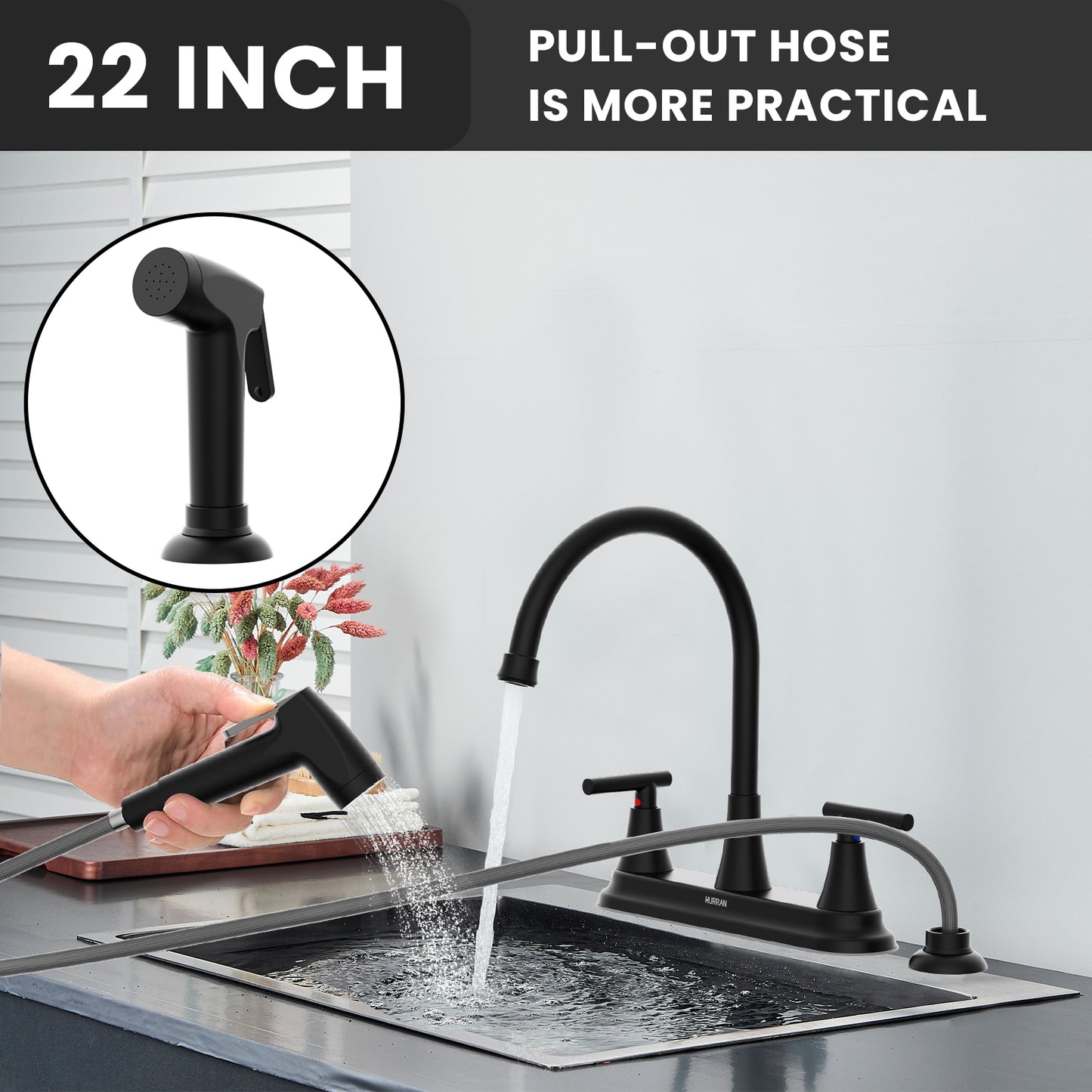 KINGTACK Modern High Arc Kitchen Sink Faucet with Side Sprayer - Metallic Plating Over ABS Plastic, Matte Black