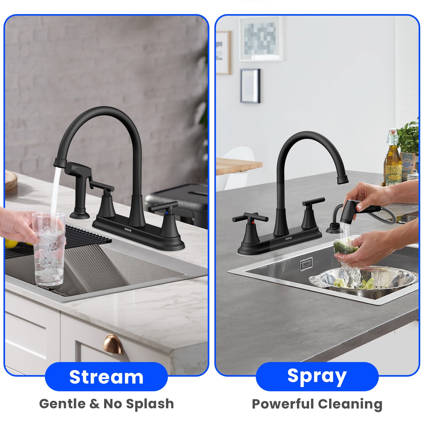 KINGTACK Modern High Arc Kitchen Sink Faucet with Side Sprayer - Metallic Plating Over ABS Plastic, Matte Black