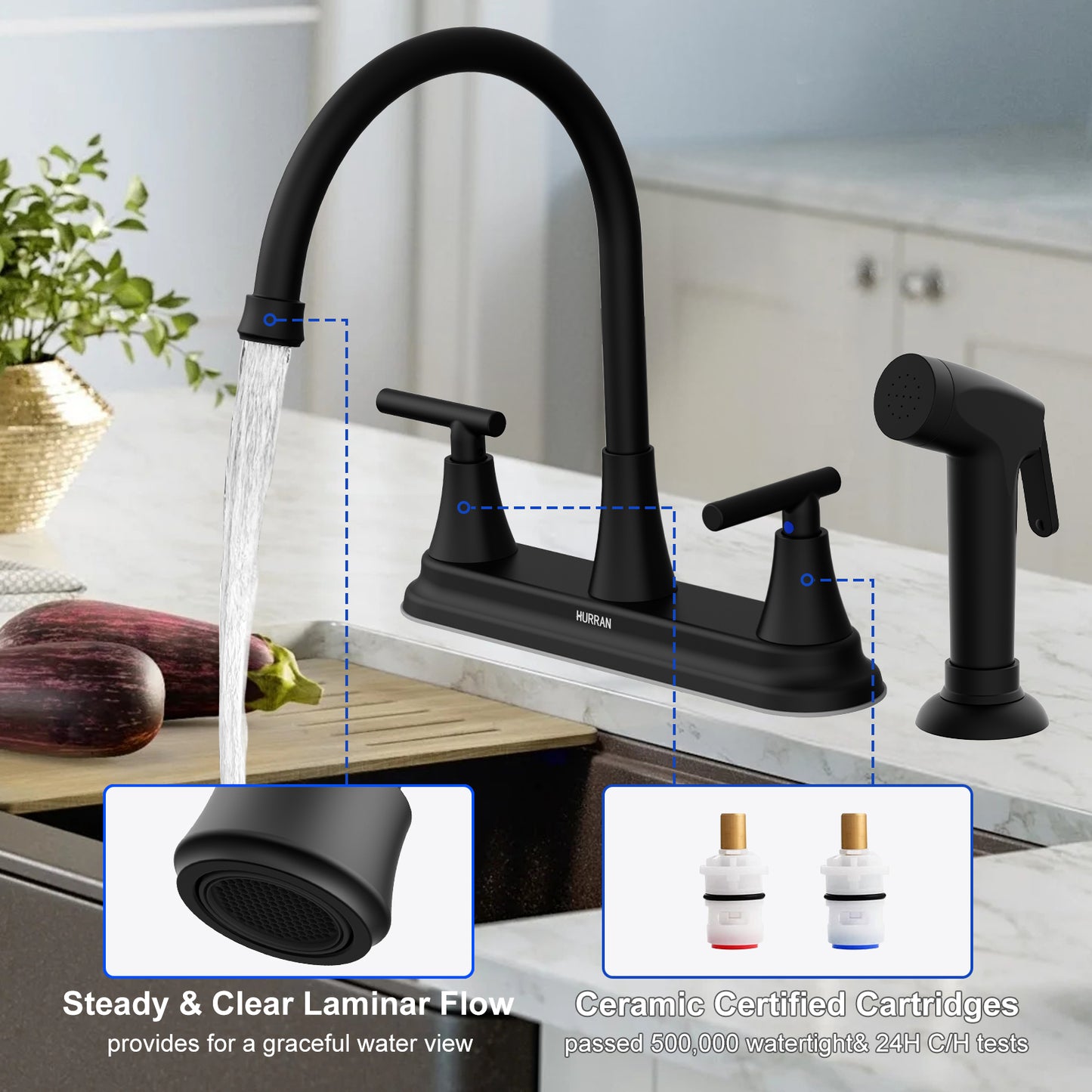 KINGTACK Kitchen Faucet with Sprayer, Matte Black Kitchen Sink Faucet, 3 Hole or 4 Holel Faucet for Kitchen Sink, Stainless Steel Touch Kitchen Faucet with Side Sprayer