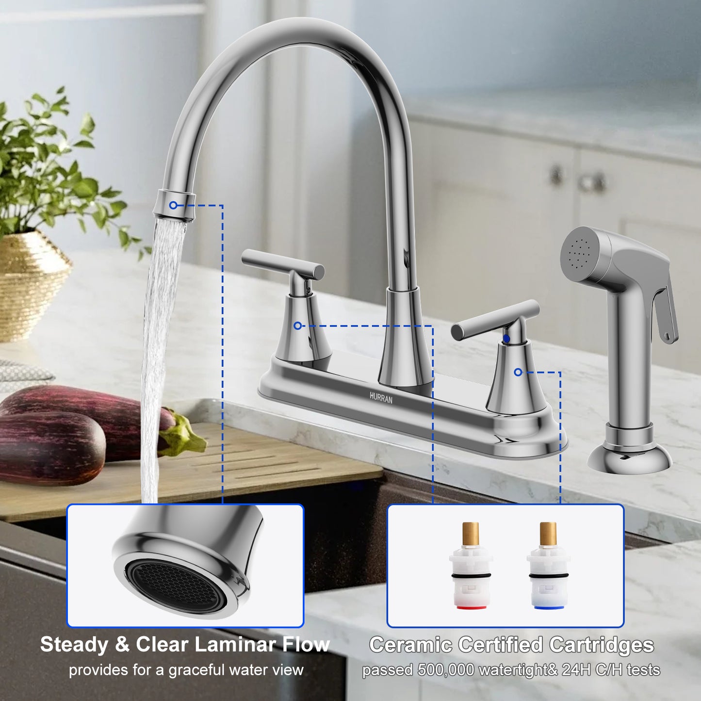 KINGTACK Kitchen Faucet with Sprayer, Chrome Kitchen Sink Faucet, 3 Hole or 4 Holel Faucet for Kitchen Sink, Stainless Steel Touch Kitchen Faucet with Side Sprayer