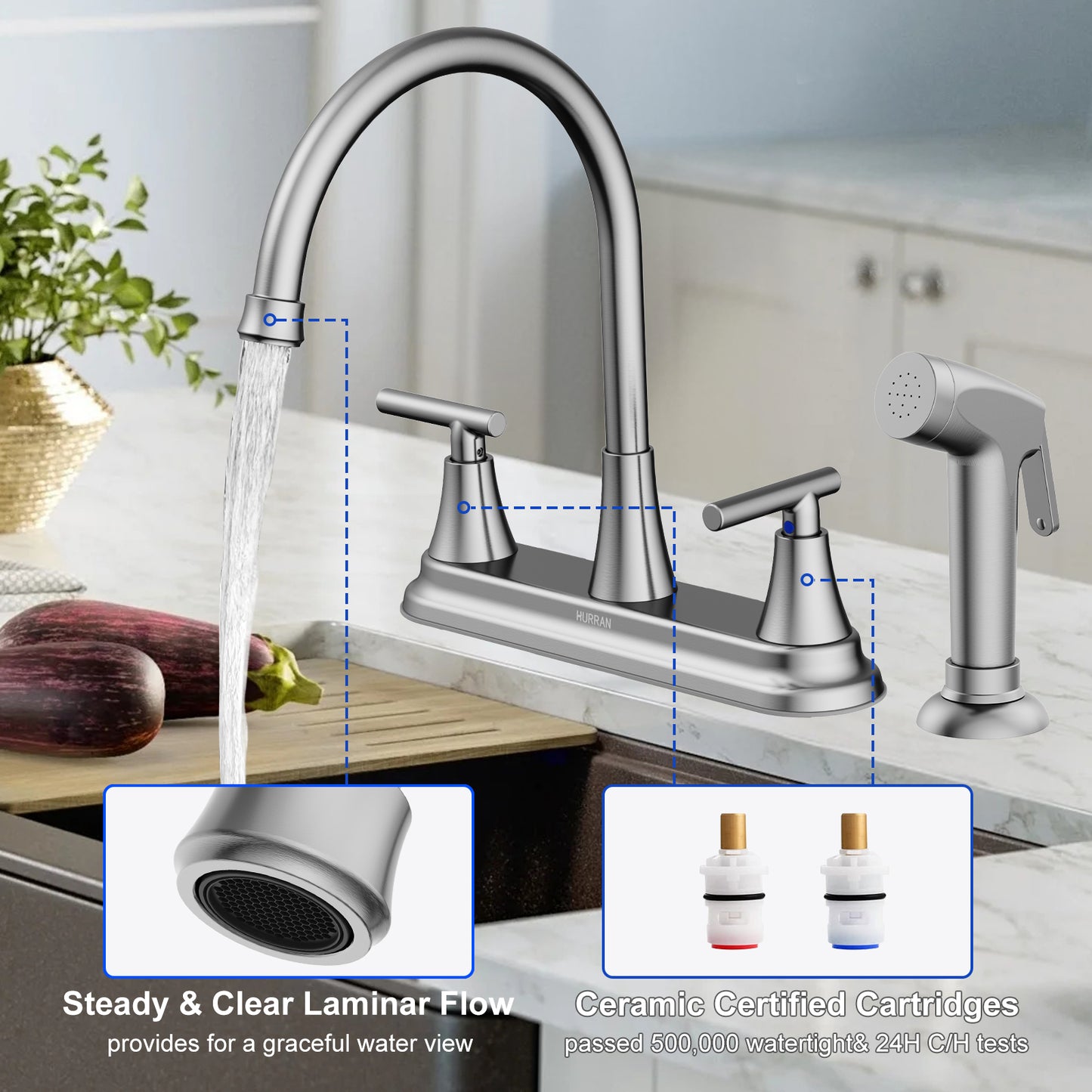 KINGTACK Modern High Arc Kitchen Sink Faucet with Side Sprayer - Metallic Plating Over ABS Plastic, Brushed Nickel