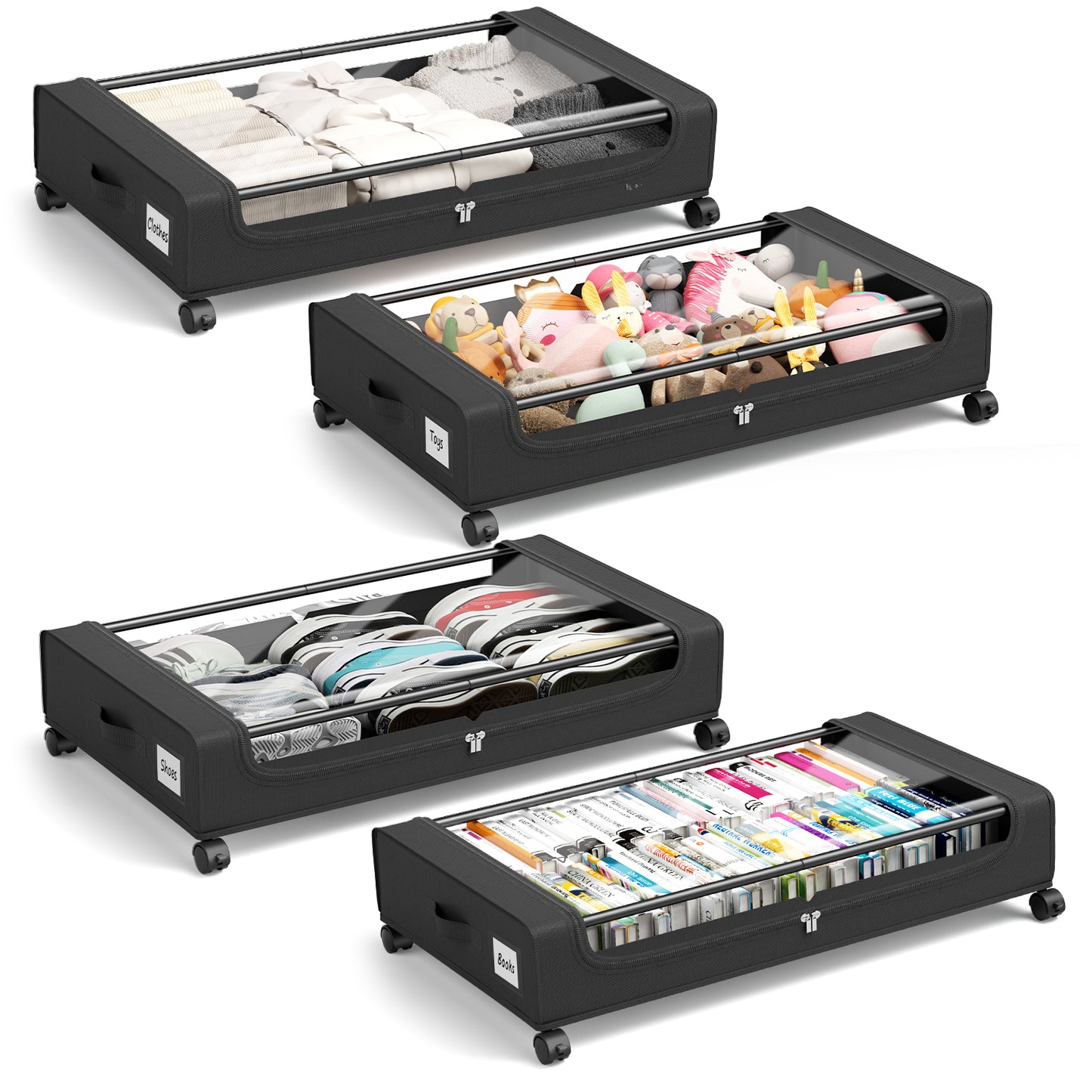 Flycity Under Bed Storage with Wheels, 4 Pack Underbed Storage Containers with Lids - Rolling Drawers & Bins for Bedroom Clothes Shoes Blankets, Black